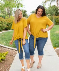Boutique Simplified Spirited Front Tie Top In Mustard