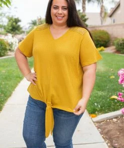 Boutique Simplified Spirited Front Tie Top In Mustard