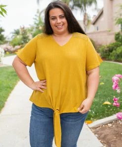 Boutique Simplified Spirited Front Tie Top In Mustard