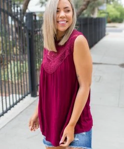 Boutique Simplified Boho Charm Sleeveless Top In Wine