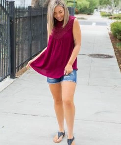 Boutique Simplified Boho Charm Sleeveless Top In Wine
