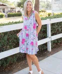Boutique Simplified Floral Path Tunic Dress