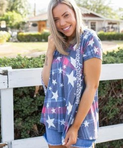 Boutique Simplified Patriotic Plaid Short Sleeve Hoodie