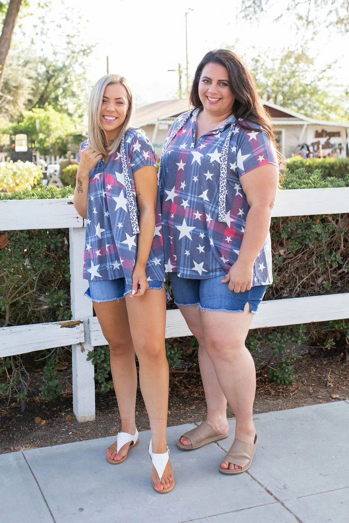 Boutique Simplified Patriotic Plaid Short Sleeve Hoodie 6 Boutique Simplified Patriotic Plaid Short Sleeve Hoodie