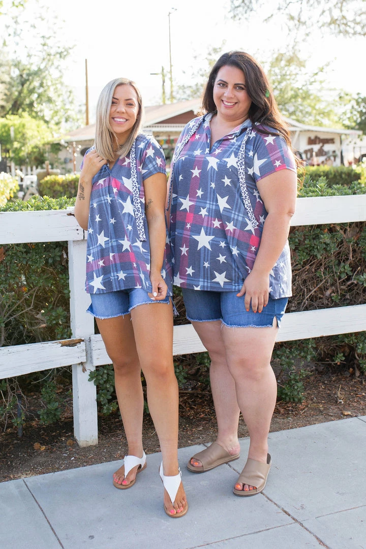 Boutique Simplified Patriotic Plaid Short Sleeve Hoodie 7 Boutique Simplified Patriotic Plaid Short Sleeve Hoodie