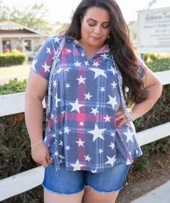 Boutique Simplified Patriotic Plaid Short Sleeve Hoodie