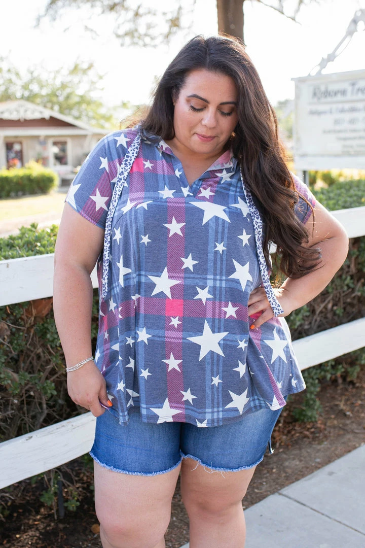 Boutique Simplified Patriotic Plaid Short Sleeve Hoodie 1 Boutique Simplified Patriotic Plaid Short Sleeve Hoodie