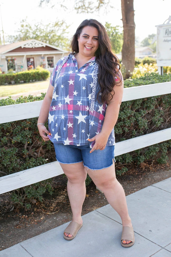 Boutique Simplified Patriotic Plaid Short Sleeve Hoodie 9 Boutique Simplified Patriotic Plaid Short Sleeve Hoodie