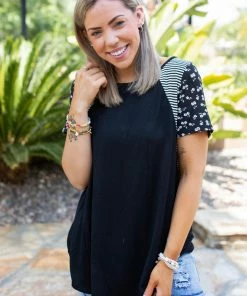 Boutique Simplified Classy Striped Floral Short Sleeve Top