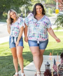 Boutique Simplified Aztec Tie Dye Front Knot Top