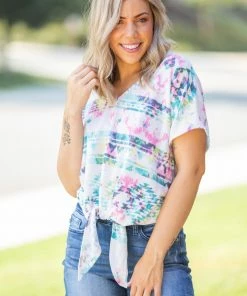 Boutique Simplified Aztec Tie Dye Front Knot Top