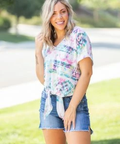 Boutique Simplified Aztec Tie Dye Front Knot Top