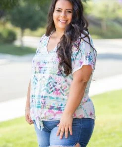 Boutique Simplified Aztec Tie Dye Front Knot Top