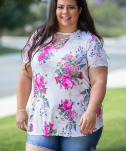 Boutique Simplified Peonies Criss Cross Top
