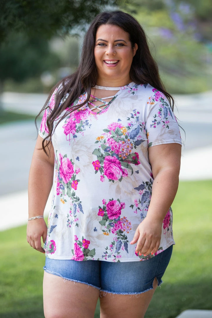 Boutique Simplified Peonies Criss Cross Top 1 Boutique Simplified Peonies Criss Cross Top