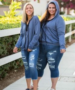 Boutique Simplified Chambray Lace Up Hoodie
