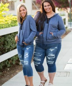 Boutique Simplified Chambray Lace Up Hoodie