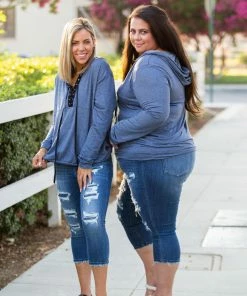 Boutique Simplified Chambray Lace Up Hoodie