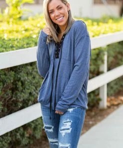 Boutique Simplified Chambray Lace Up Hoodie