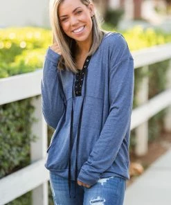 Boutique Simplified Chambray Lace Up Hoodie