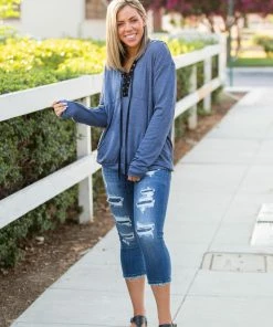 Boutique Simplified Chambray Lace Up Hoodie