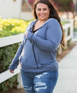 Boutique Simplified Chambray Lace Up Hoodie