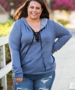 Boutique Simplified Chambray Lace Up Hoodie