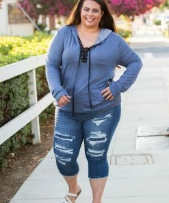 Boutique Simplified Chambray Lace Up Hoodie