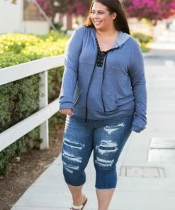 Boutique Simplified Chambray Lace Up Hoodie