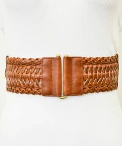 Leto Accessories Leather Look Braid Elastic Belt In Camel