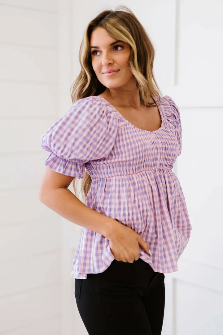 Trendsi Gingham Smocked Babydoll Top In Lavender Pink 7 Trendsi Gingham Smocked Babydoll Top In Lavender Pink