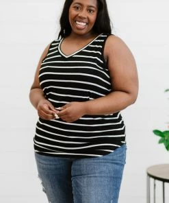 Trendsi Call Me Maybe Striped Tank In Ash Mocha, Black & Spring Blue Apparel