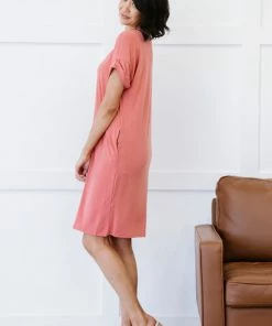 Trendsi Apparel Natural Beauty T-Shirt Dress With Pockets In Ash Mocha & Ash Rose