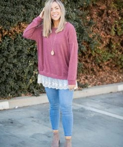 Boutique Simplified Ruffled In Burgundy Long Sleeve Pullover