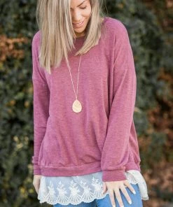 Boutique Simplified Ruffled In Burgundy Long Sleeve Pullover