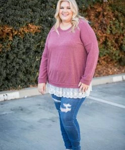 Boutique Simplified Ruffled In Burgundy Long Sleeve Pullover