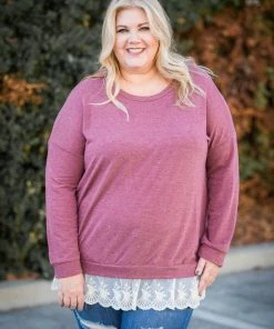 Boutique Simplified Ruffled In Burgundy Long Sleeve Pullover