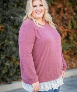 Boutique Simplified Ruffled In Burgundy Long Sleeve Pullover