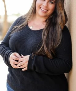 Boutique Simplified Lustful Waffle Knit Black Top