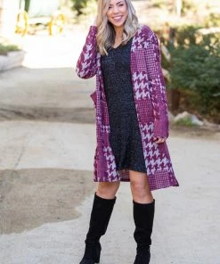 Boutique Simplified Burgundy Houndstooth Sweater Cardigan