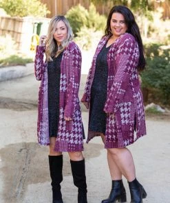 Boutique Simplified Burgundy Houndstooth Sweater Cardigan