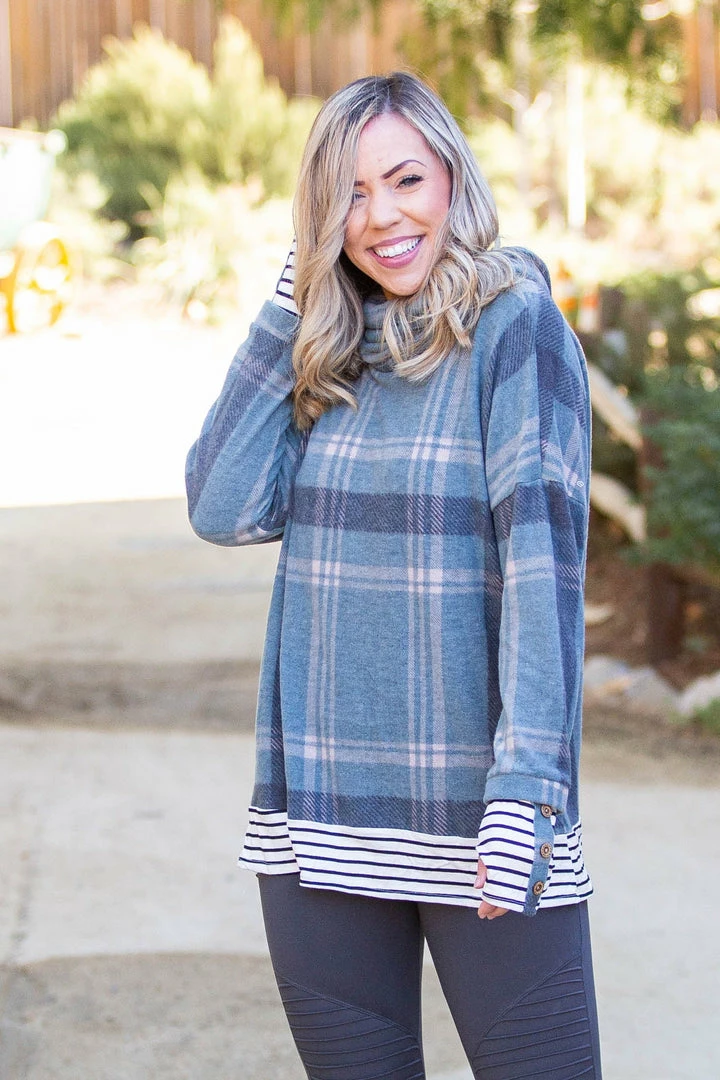 Boutique Simplified Teal Me About It Plaid Thumbhole Tunic 1 Boutique Simplified Teal Me About It Plaid Thumbhole Tunic