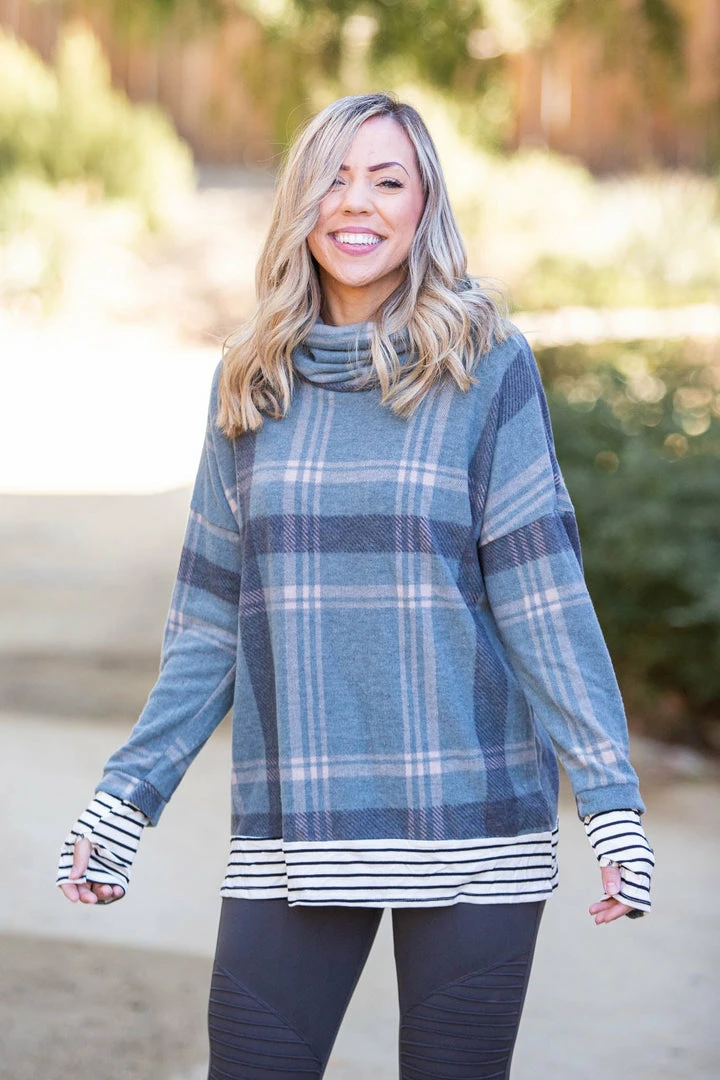 Boutique Simplified Teal Me About It Plaid Thumbhole Tunic 7 Boutique Simplified Teal Me About It Plaid Thumbhole Tunic