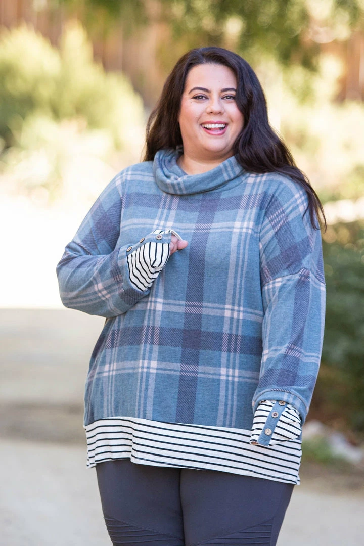 Boutique Simplified Teal Me About It Plaid Thumbhole Tunic 4 Boutique Simplified Teal Me About It Plaid Thumbhole Tunic