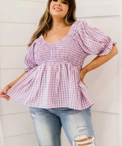 Trendsi Gingham Smocked Babydoll Top In Lavender Pink