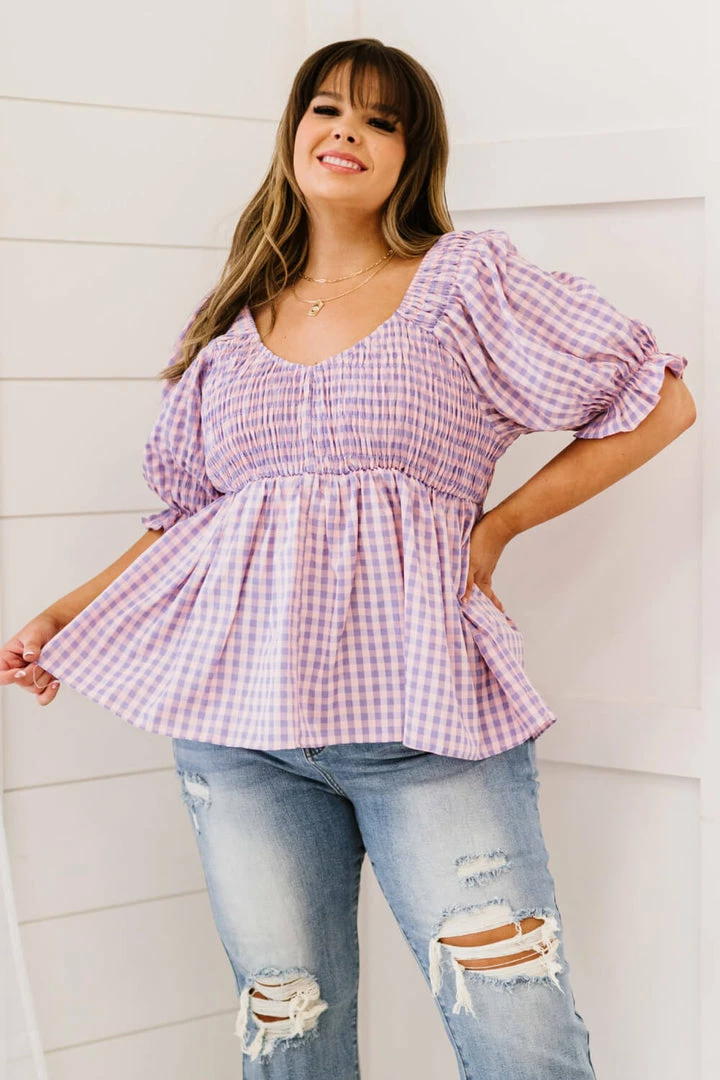 Trendsi Gingham Smocked Babydoll Top In Lavender Pink 1 Trendsi Gingham Smocked Babydoll Top In Lavender Pink