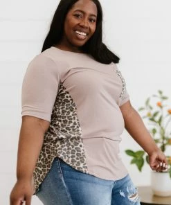 Trendsi Say Anything Leopard Panel Tee In Ash Mocha Apparel