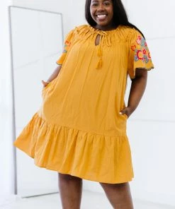 Trendsi Apparel Flowers For You Embroidered Dress In Mustard