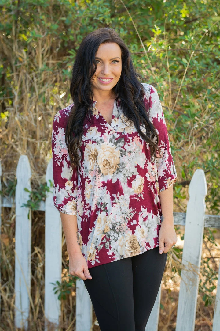 Boutique Simplified Floral Motif 3/4 Sleeve Top 1 Boutique Simplified Floral Motif 3/4 Sleeve Top