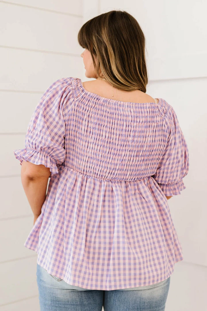 Trendsi Gingham Smocked Babydoll Top In Lavender Pink 5 Trendsi Gingham Smocked Babydoll Top In Lavender Pink